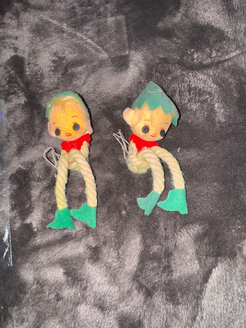 Vintage Plush Elf Doll Set of 2 with Green Felt Hats Rope Legs Soft Toy